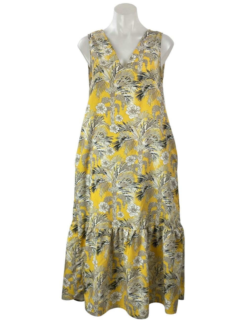 MNG Mango Yellow Floral Sleeveless V Neck Drop Waist Ruffle Midi Skirt Size 4